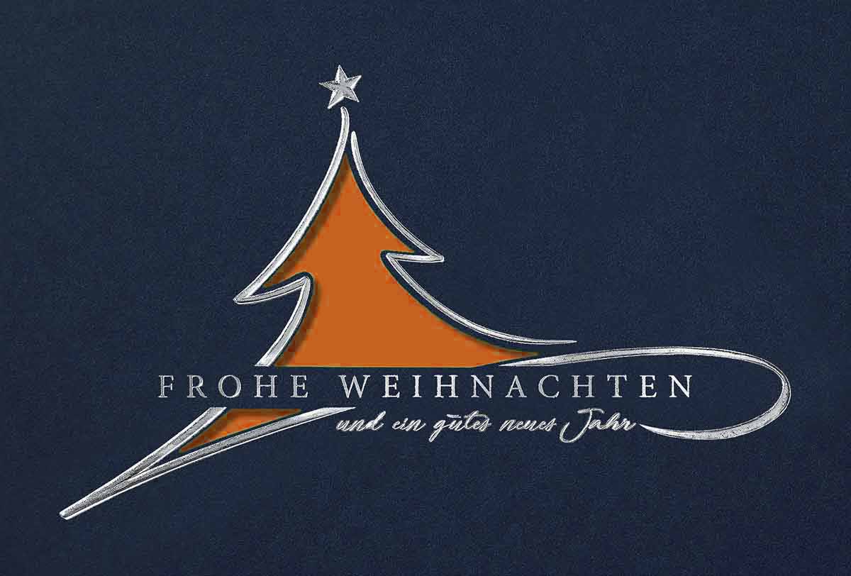 Stanz-Weihnachtskarte in blau mit orangenem Einleger und edler Silberfolienprägung