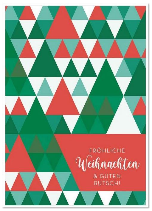 Moderne Weihnachtskarte mit grünen und roten Dreiecken sowie Weihnachtsgruß "Fröhliche Weihnachten & Guten Rutsch"