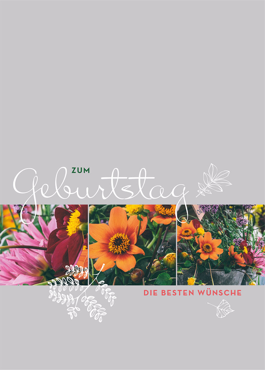 Geburtstags-Glückwunschkarte mit bunt blühenden Sommerblumen und Geburtstagsgruß