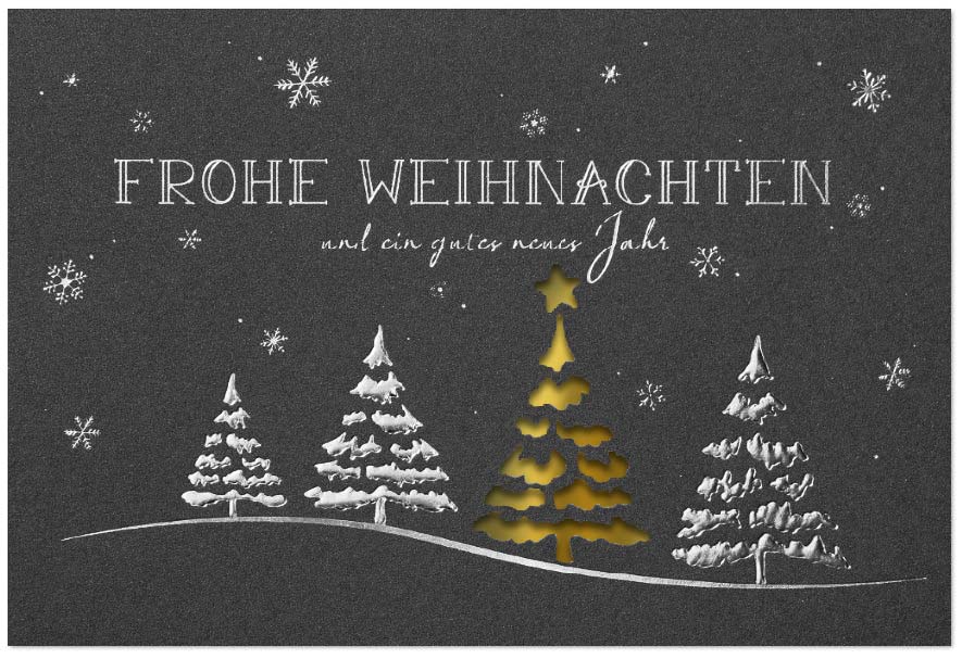 Edle Weihnachtskarte in anthrazit-metallic mit Silberprägung, Stanzung und goldenem Falteinleger