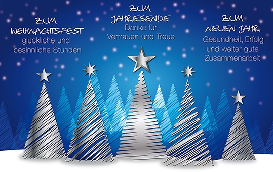 Blaue Weihnachtskarten zugunsten Deutsche Kinderkrebshilfe mit silbernen Tannenbäumen und Wünschen zum Fest