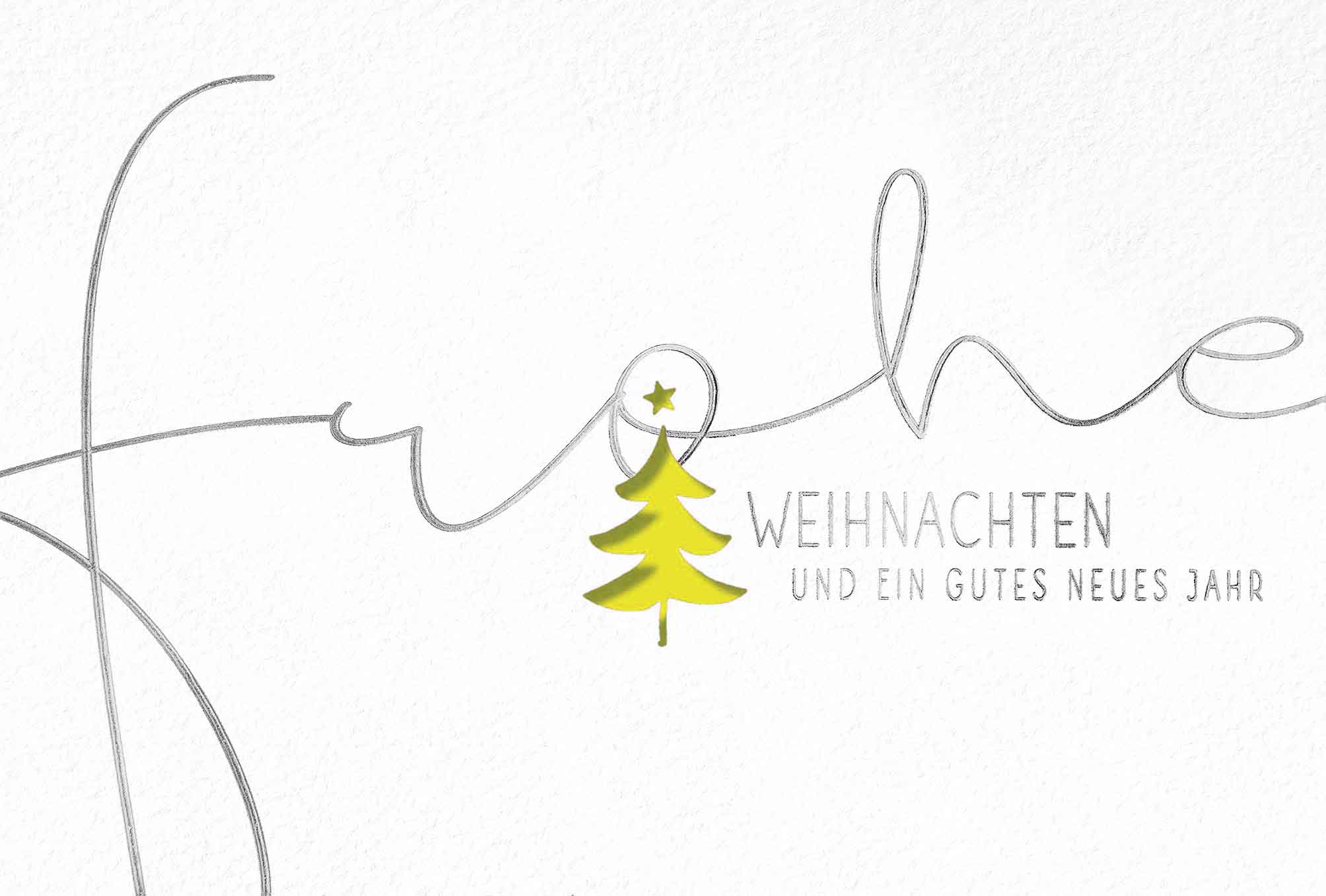 Weiße Weihnachtskarte mit gelbem Einlegeblatt, Stanzung und Silberprägung