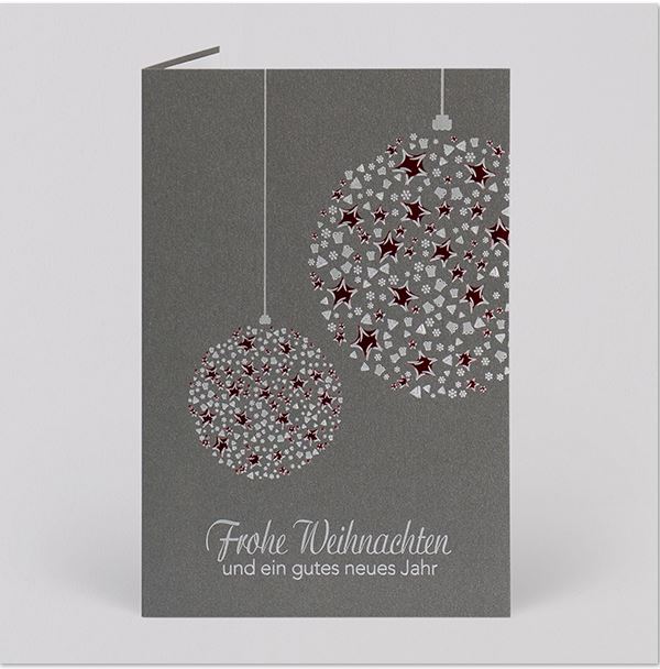 Elegante Weihnachtskarte in grau-metallic mit Folienprägung silber und rot und rotem Briefumschlag