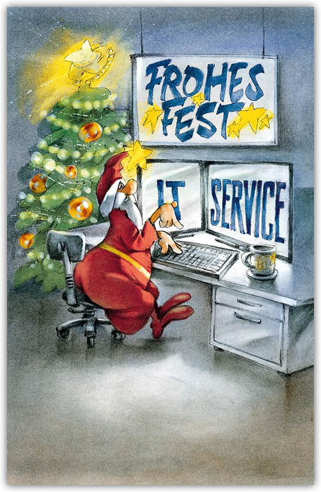 Lustige Weihnachtskarte für IT-Service und Computerbranche mit lustigem Farbdruck