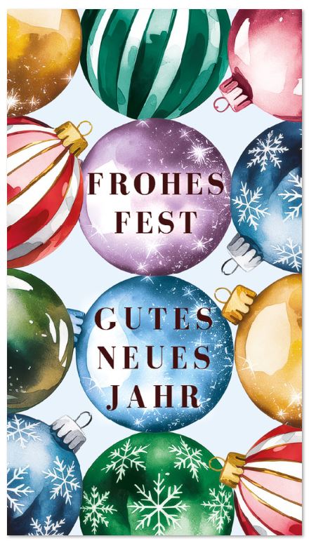 Bunte Weihnachtskarte mit Christbaumkugeln und Weihnachtsgruß im praktischen Kleinformat