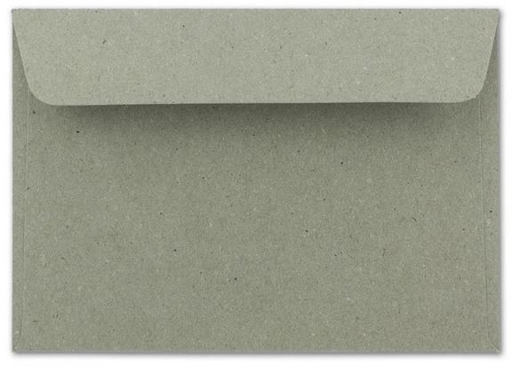 Grauer Recycling-Briefumschlag mit breiter Lasche und Haftklebung im Format 17,6 x 12,5 cm