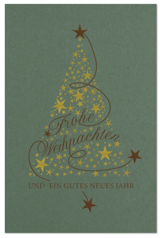 Grüne Weihnachtskarte mit edler Folienprägung in gold und kupfer, inkl. Einlegeblatt innen