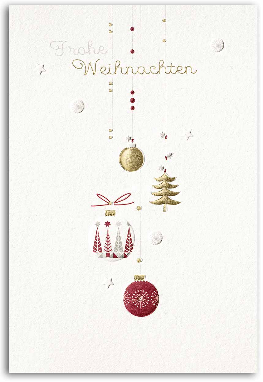 Weihnachtskarte in weiß mit Weihnachtsgruß und Kugeln in Baum- und Kugelform