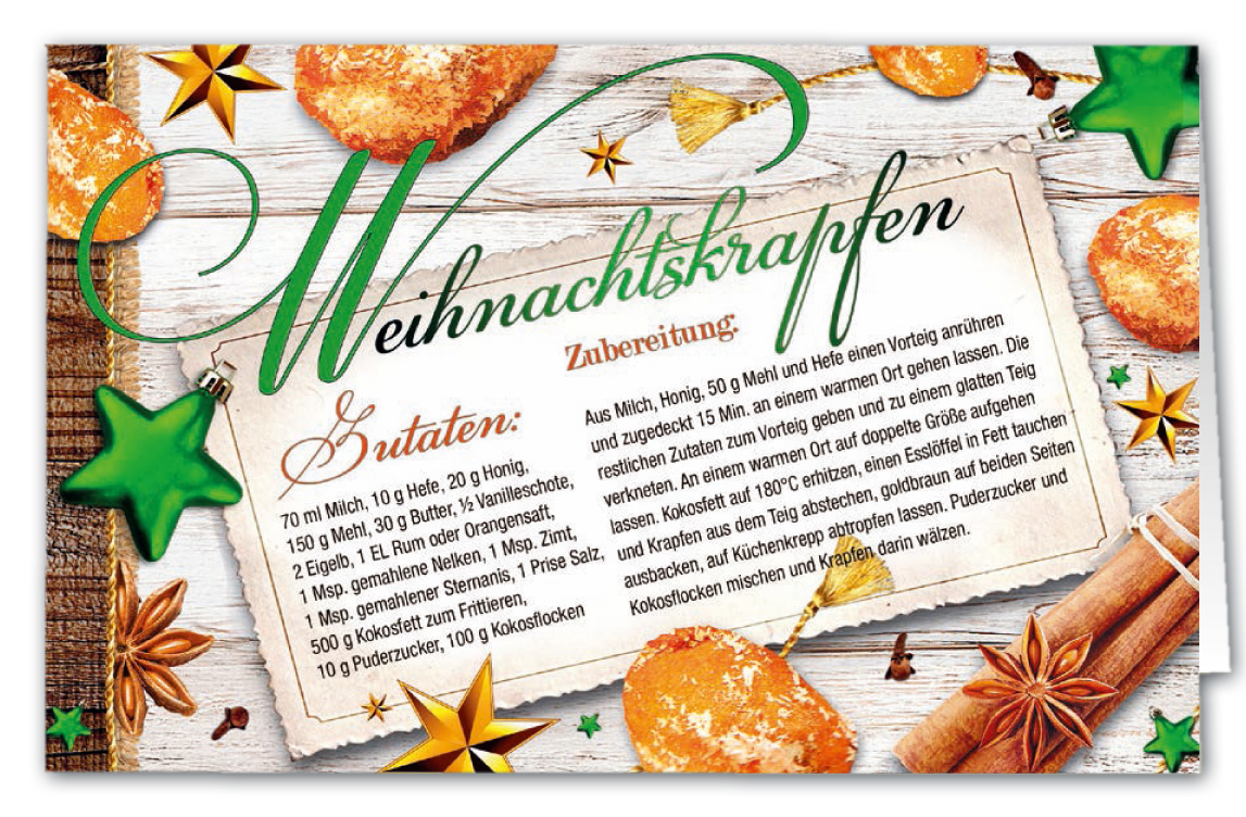 Rezept-Duft-Weihnachtskarte mit der Zutatenliste und der Zubereitung von Weihnachtskrapfen