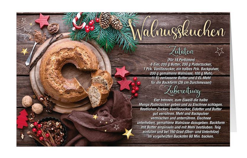 Weihnachtskarte mit Zutatenlise und Anleitung für die Zubereitung von weihnachtlichem Walnusskuchen