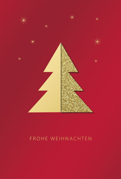 Dunkelrote Weihnachtskarte mit goldenem Glitzerbaum und Gruß "Frohe Weihnachten"