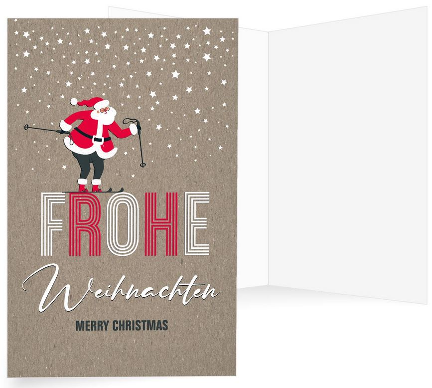 Witzige Weihnachtskarte Frohe Weihnachten - Merry Christmas und Santa fährt Ski