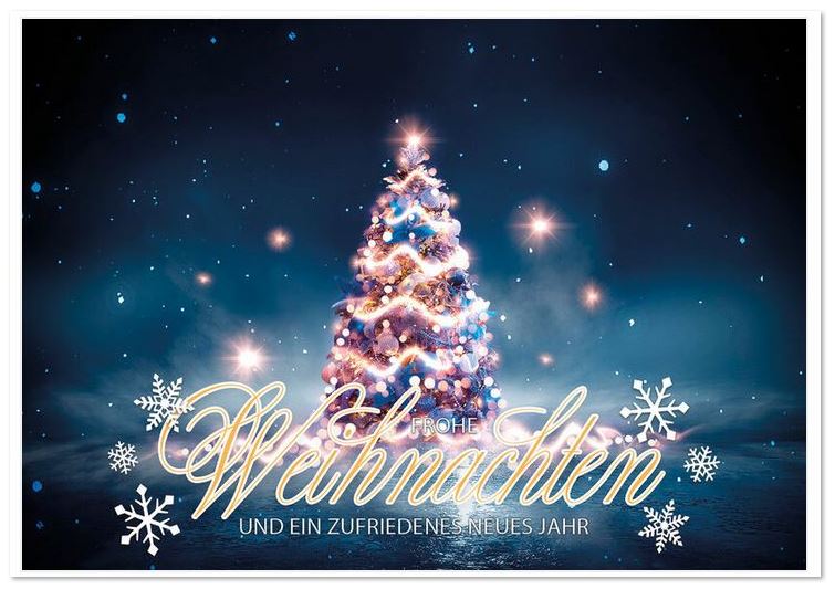 Zauberhafte Weihnachtskarte mit üppig verziertem Weihnachtsbaum und weihnachtlichen Grüßen