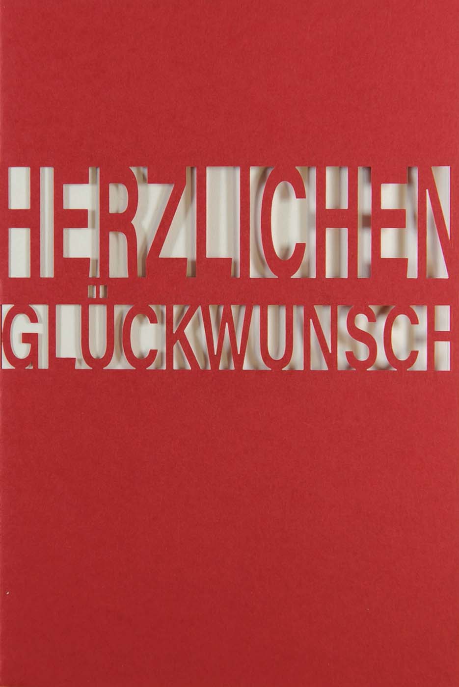 Moderne Laser Art Glückwunschkarte in rot mit "Herzlichen Glückwunsch" und cremeweißem Falteinlegeblatt innen.