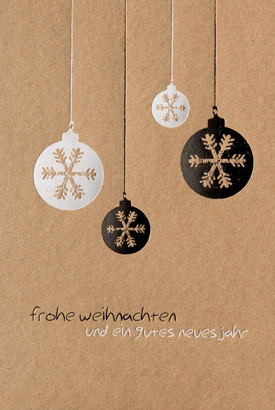 Weihnachtskarte Kraftkarton braun mit Weihnachtskugeln und Schriftzug