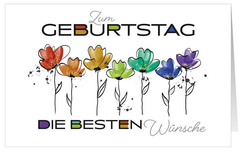 Heitere Glückwunschkarte im farbenfrohen Design mit bunten Blumen und Glückwünschen