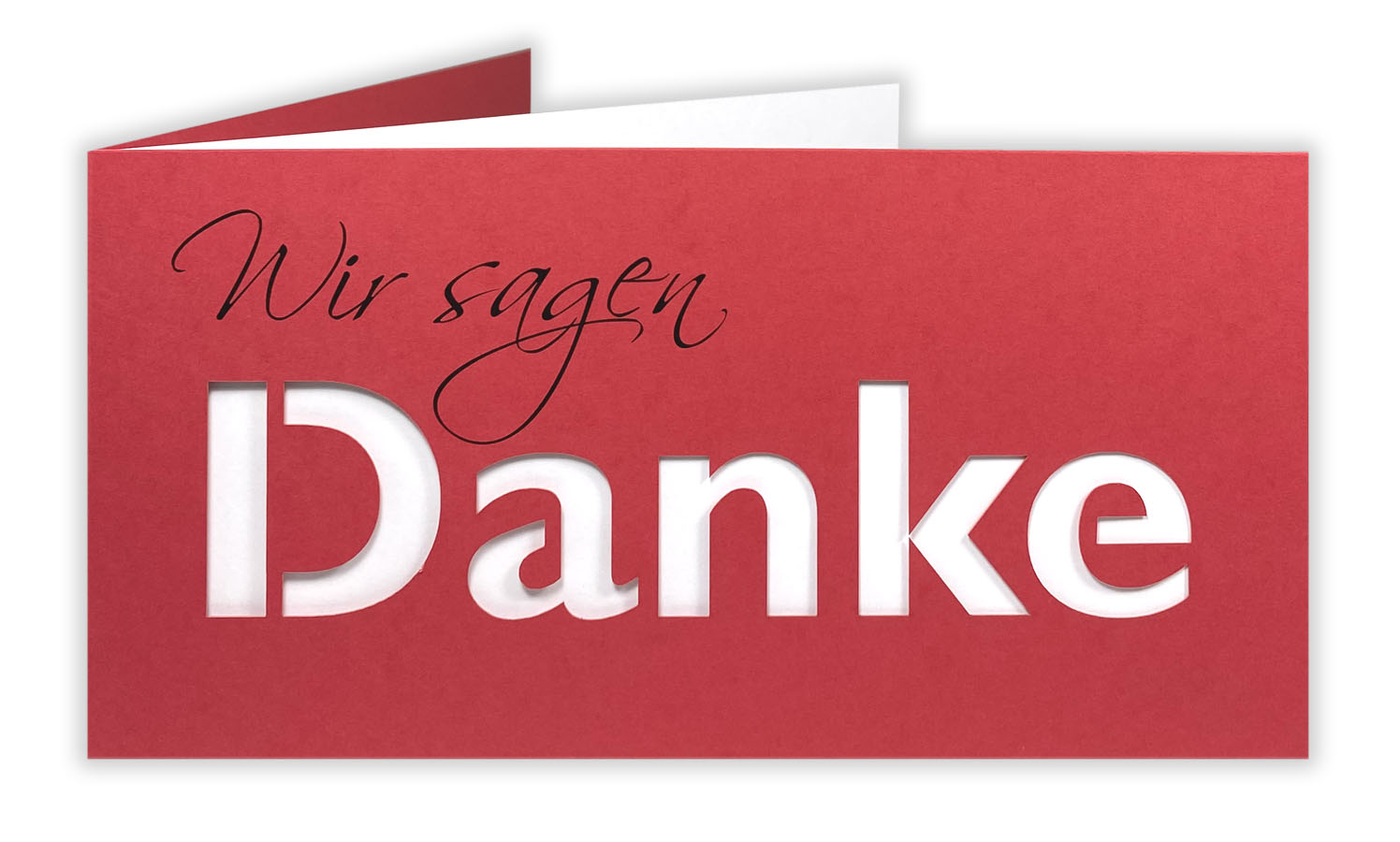 Rote Dankkarte DIN lang mit gedrucktem "Wir sagen", ausgestanztem Schriftzug "DANKE" und passenden Einlegeblatt