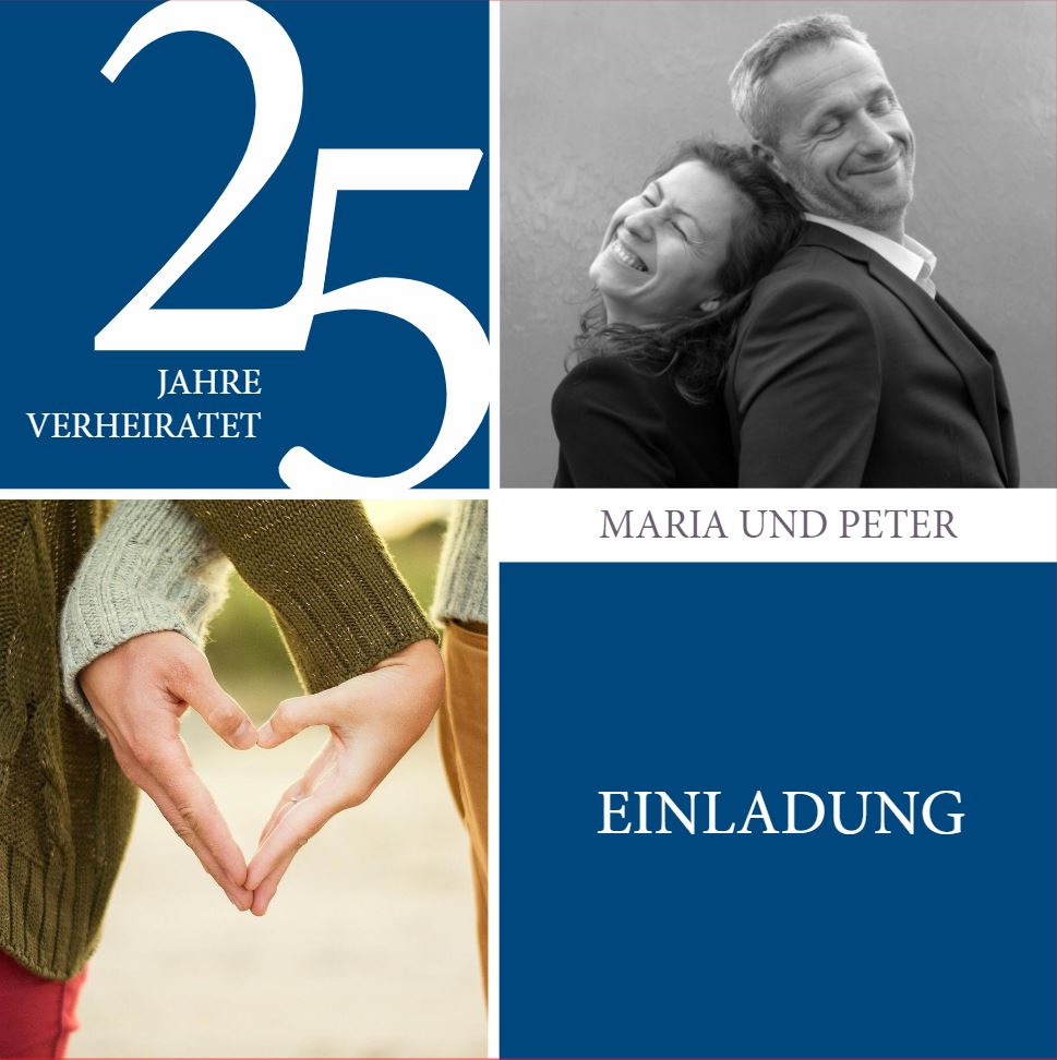 Quadratische Einladungskarte zur Goldhochzeit - 50 Jahre verheiratet - mit eigenen Bildern von damals und heute