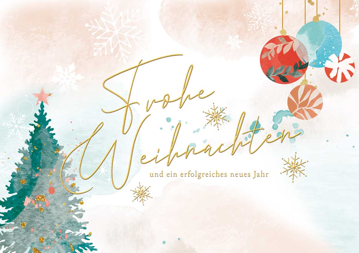 Klassische Weihnachtskarte mit Weihnachtskugeln, Tannenbaum und geschäftlichen Weihnachtsgrüßen
