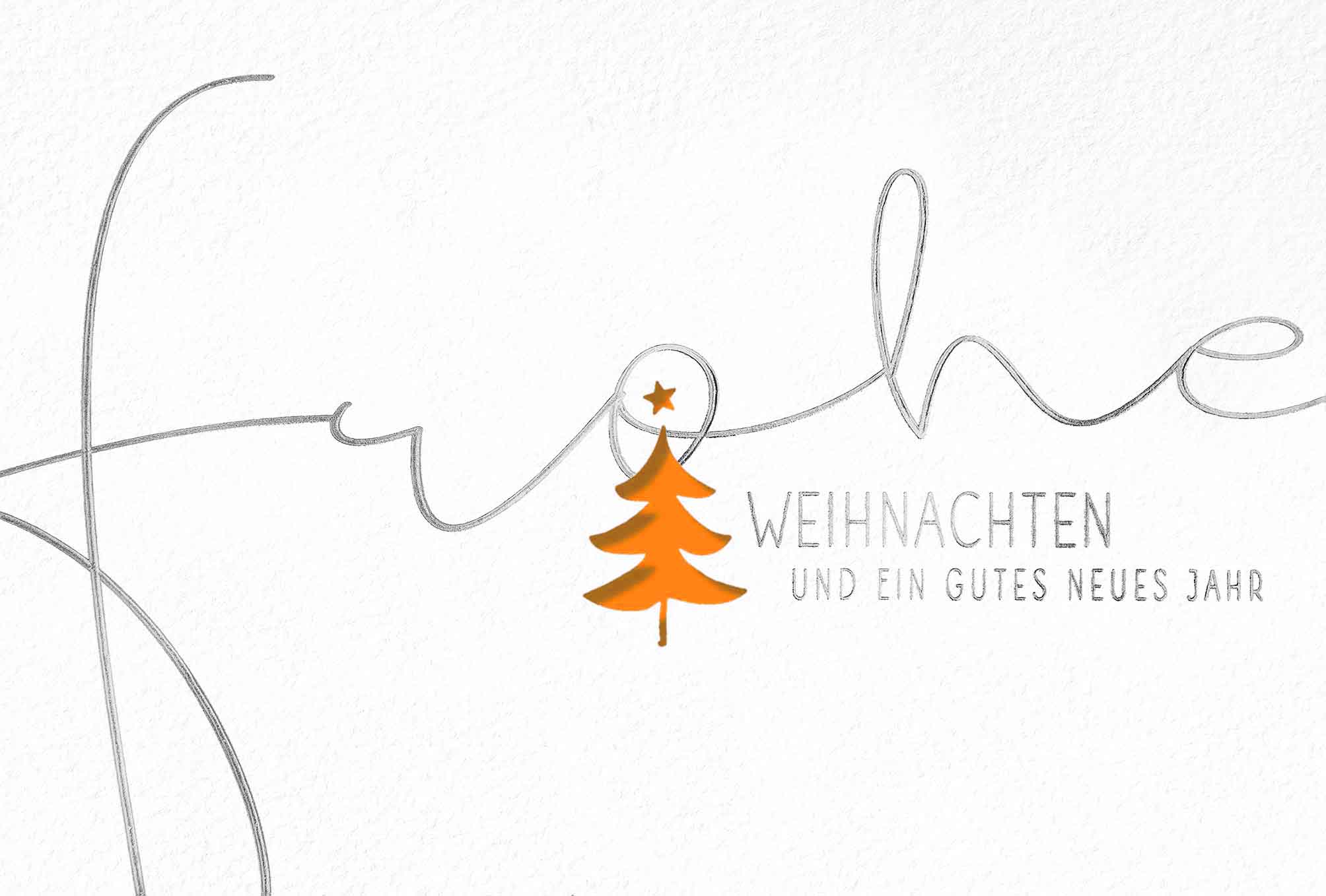 Weiße Weihnachtsgrußkarte mit orangenem Einlegeblatt und Silberprägung