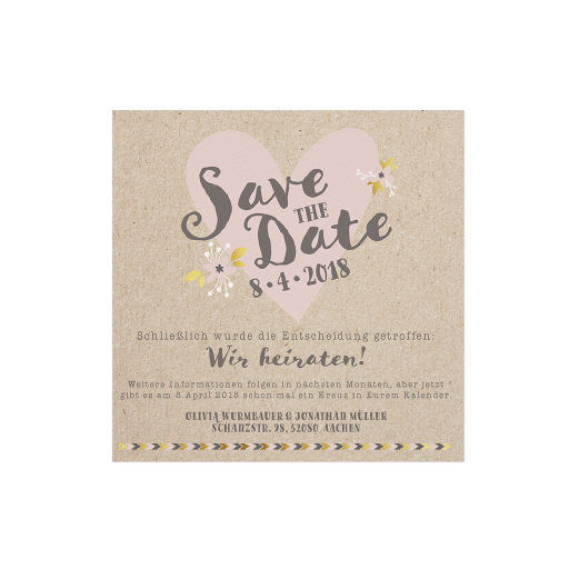 Save-the-Date-Karte / Dankkarte braun mit rosa Herz und Blüten