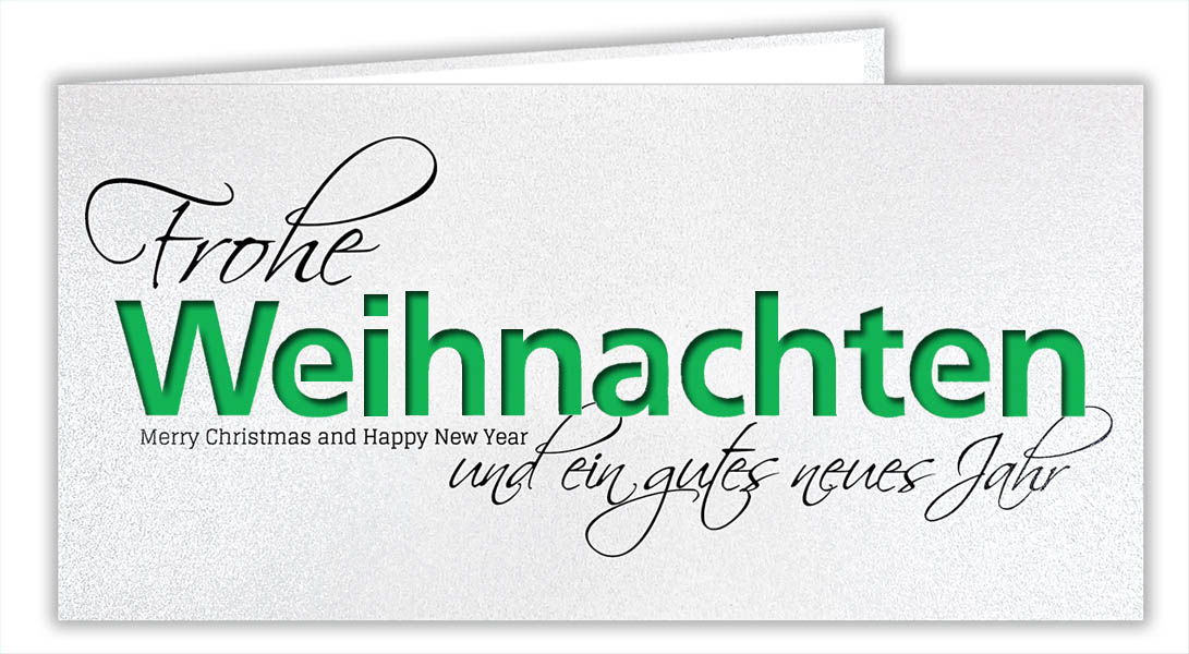 Weiße Weihnachtskarte mit Metallic-Effekt, grünem Einlegeblatt und deutsch-englischem Gruß