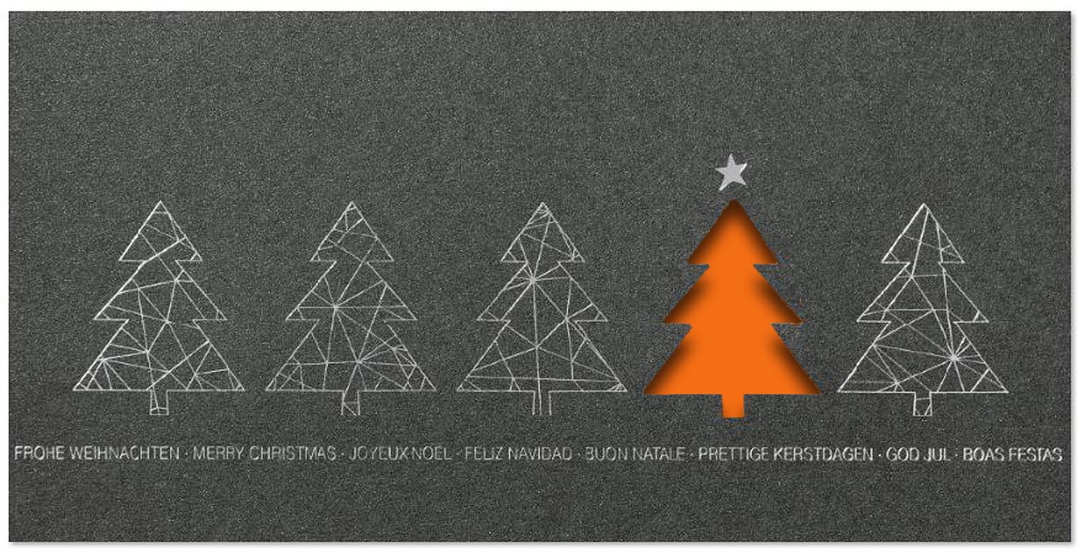 Internationale Weihnachtskarte DIN lang in anthrazit-metallic mit Laserstanzung und Einleger in orange