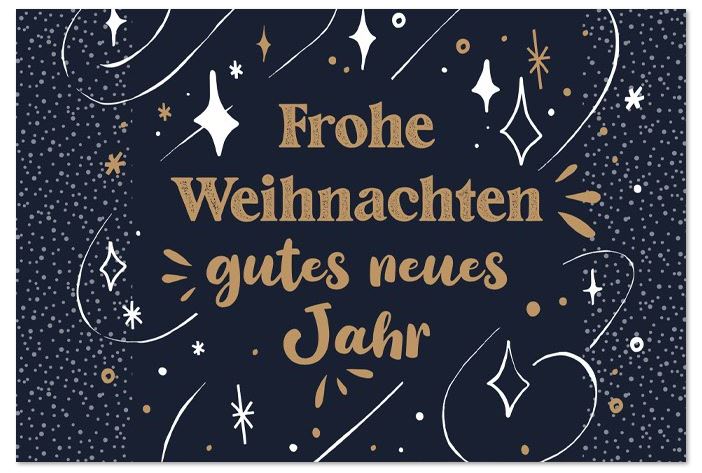 Blaue Spendenkarte mit Weihnachts- und Neujahrsgruß sowie Sternen für Make a Wish Deutschland e.V.