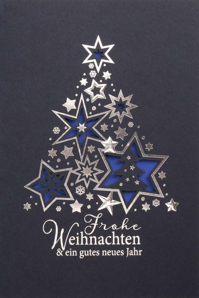 Blaue Laser-Weihnachtskarte mit Sternen, Baum und blauem Falt-Einleger