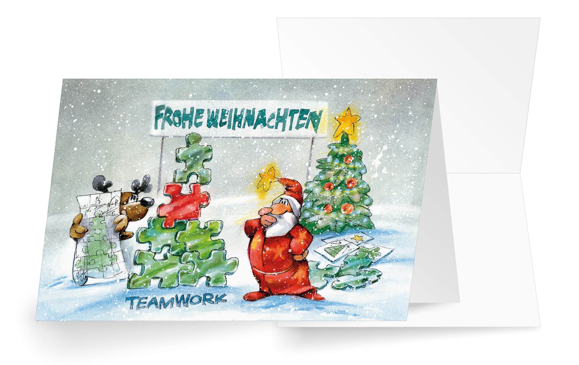 Weihnachtskarte für Firmen und Unternehmen aller Art mit Puzzleteilen und "Teamwork"