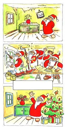 Lustige Karikatur Branchen-Weihnachtskarte "Die fleißigen Maler" für Malerbetrieb, Handwerker für Renovierungsarbeiten, Tapezierer.