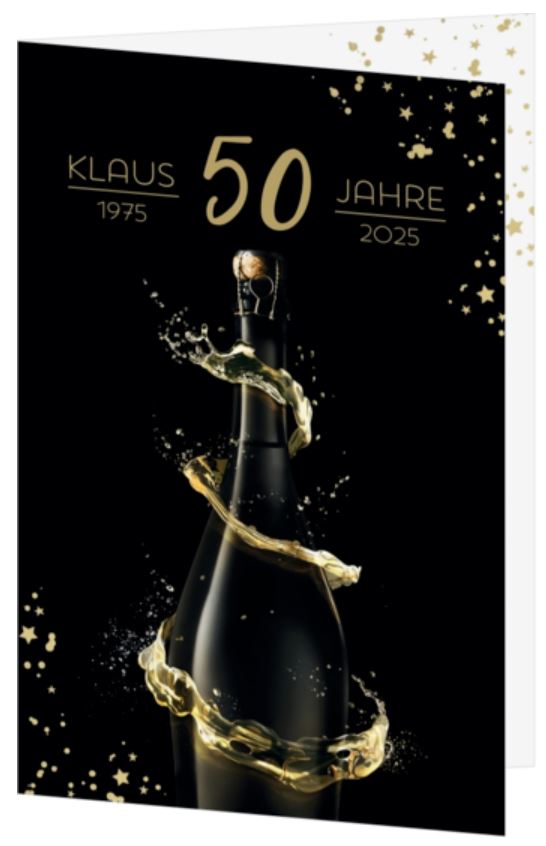 Einladungskarte zum Geburtstag in schwarz/gold mit Champagnerflasche