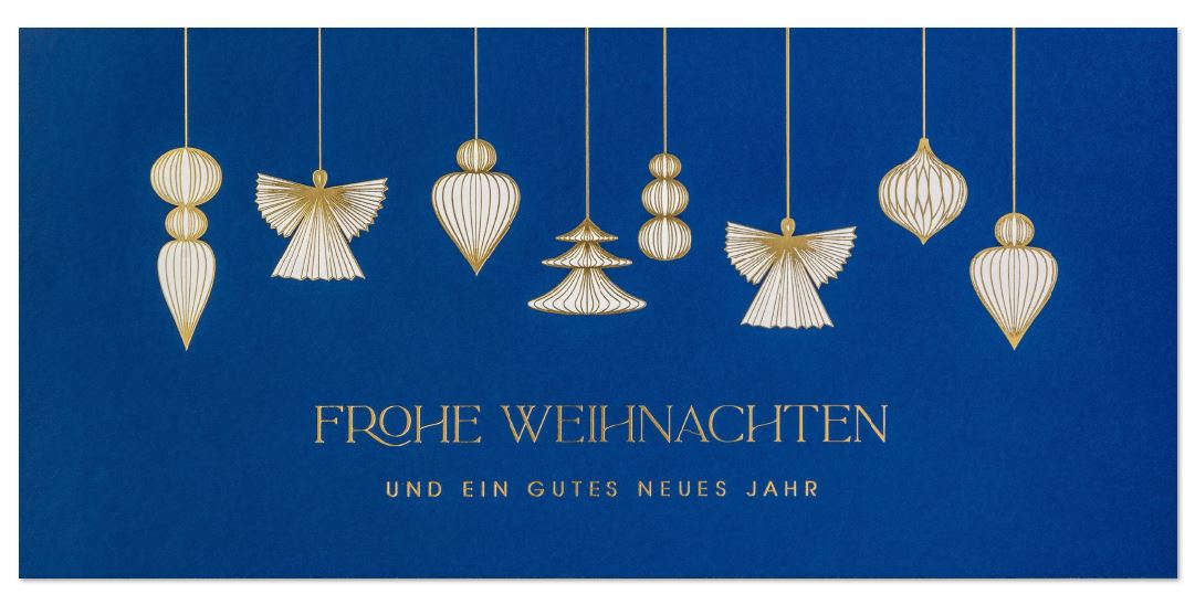 Blaue Weihnachtskarte im DIN lang Format mit hängenden Kugeln und Engel sowie Weihnachtsgruß