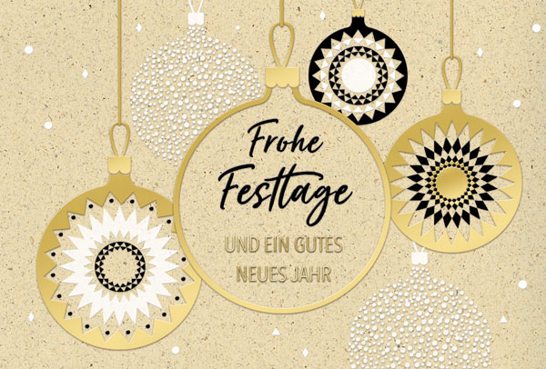 Natürliche Weihnachtskarte aus Maispapier-Karton mit Foliendruck in gold, schwarz und weiß