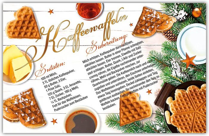 Kaffeewaffeln Rezept auf Weihnachtskarte mit Zimt-Gewürzduft