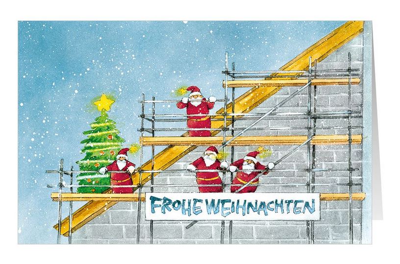 Fröhliche Weihnachtskarte mit Weihnachtsmänner auf einem Baugerüst und "Frohe Weihnachten"