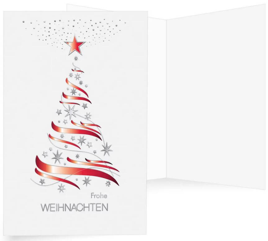 Präge-Weihnachtskarte mit edlem Silberdruck von Weihnachtsbaum und Sternen, mit Gruß