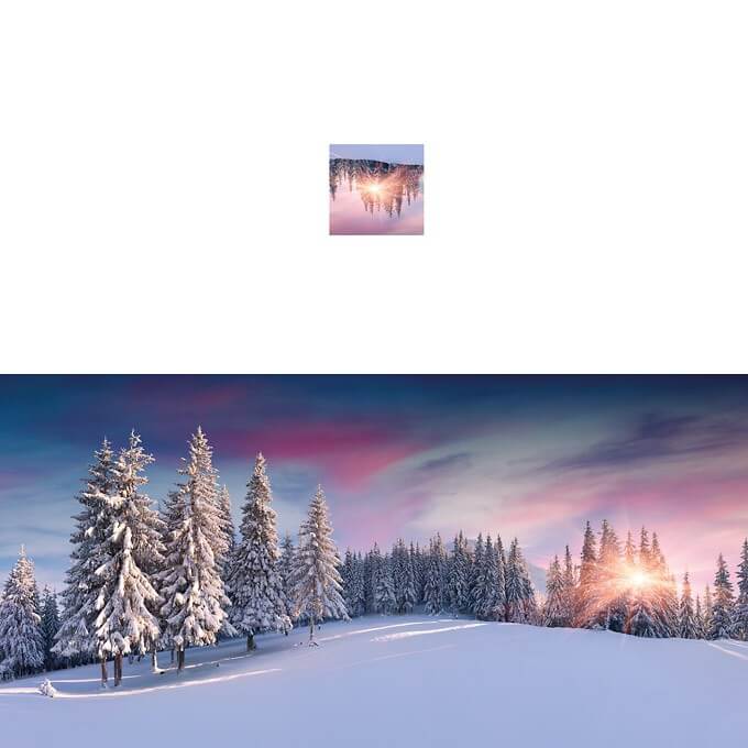 Winterliche Weihnachtskarte ohne Gruß im DIN lang Panoramaformat mit verschneitem Wald - aufgeklappte Außenseite