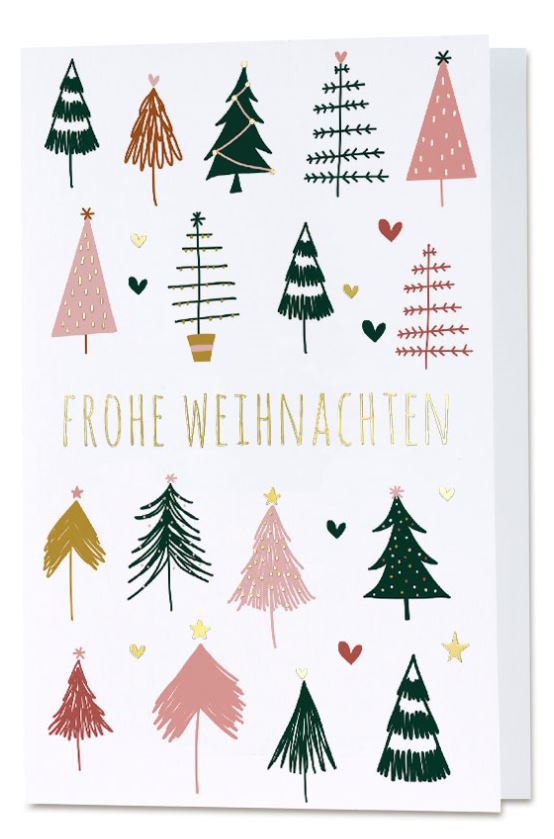 Trendige Weihnachtskarte in weiß mit originellen Tannenbäumen, Herzen und Weihnachtsgruß