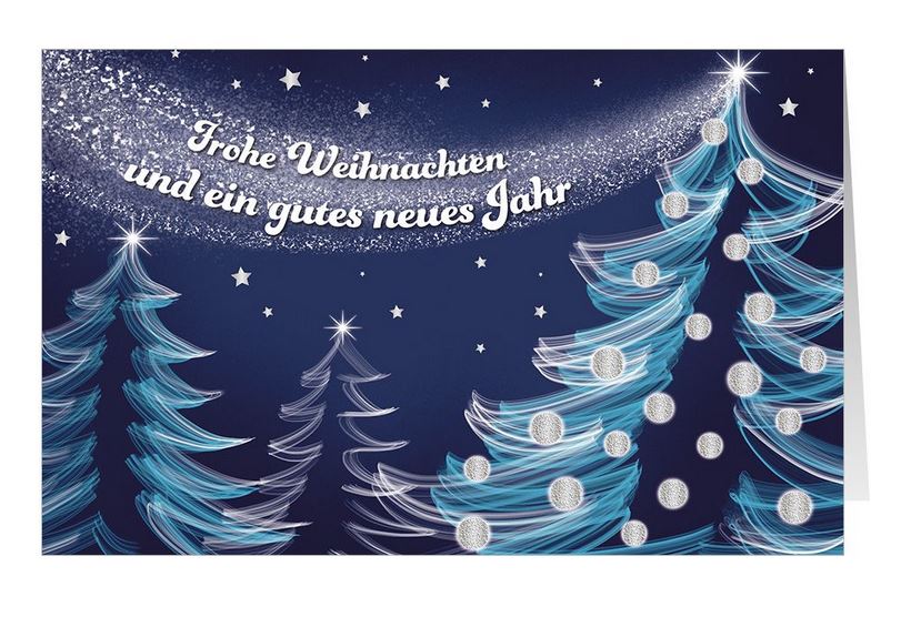 Blaue Spendenkarte für Ärzte ohne Grenzen mit Bäumen, Sternen und Weihnachtsgruß