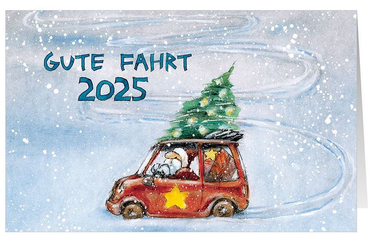 Fröhliche Weihnachtskarte mit "Gute Fahrt 2025" für Fahrschule, Werkstätten oder Autohäuser