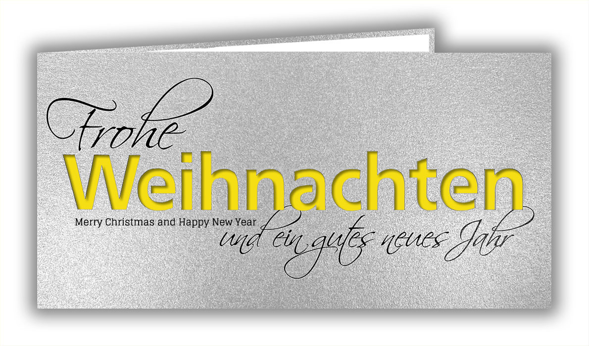 Silberne Weihnachtskarte mit Stanzung und deutsch-englischem Weihnachtsgruß, DIN lang