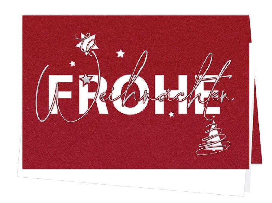 Rote Laserweihnachtskarte mit "Frohe Weihnachten", Sternen und Weihnachtsbaum, Einleger weiß