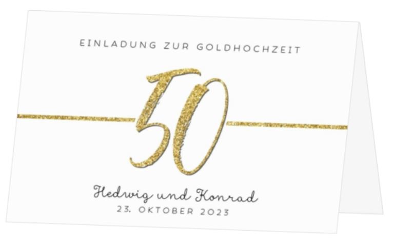 Moderne und stilvolle Einladungskarte zur Goldhochzeit in weiß mit Zahl 50 und eigenem Foto innen