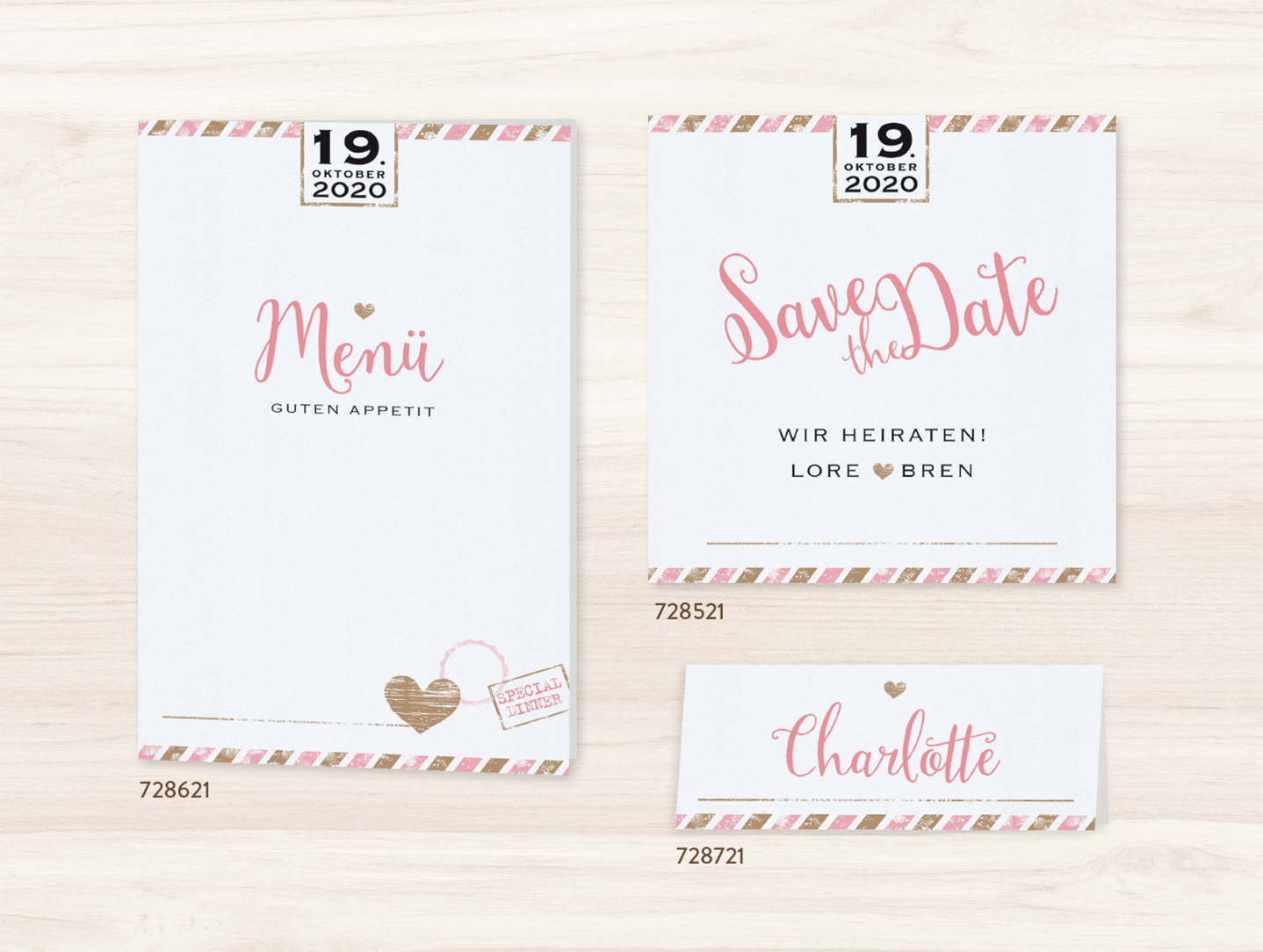 Hochzeitskartenset als Menükarte, Save the Date Karte und Dankkarte in weiß mit rosa und gold