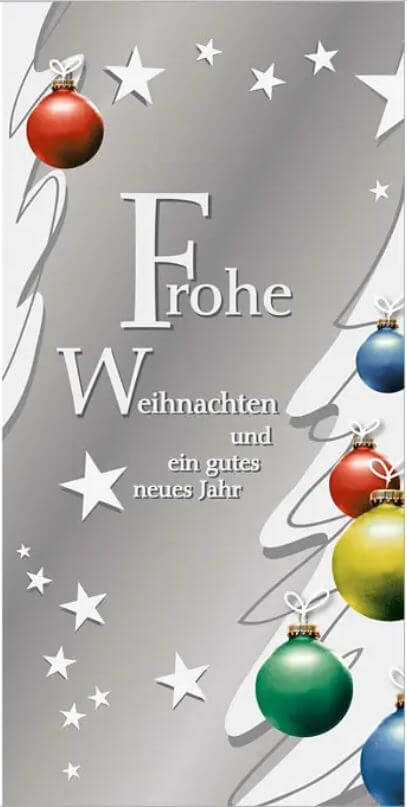 Weihnachtskarte im DIN lang Format mit Sternen, Weihnachtsgruß und bunten Kugeln