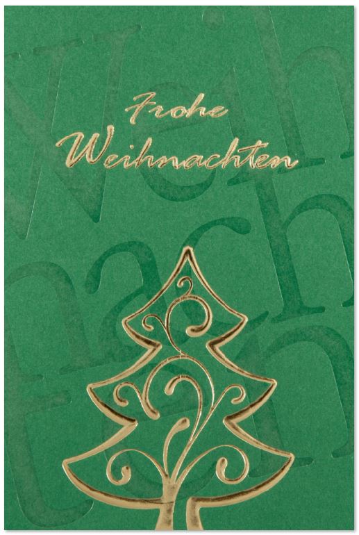 Grüne Weihnachtskarte mit Weihnachtsgruß und Baum sowie gutem Zweck: Deutsche Alzheimer Gesellschaft