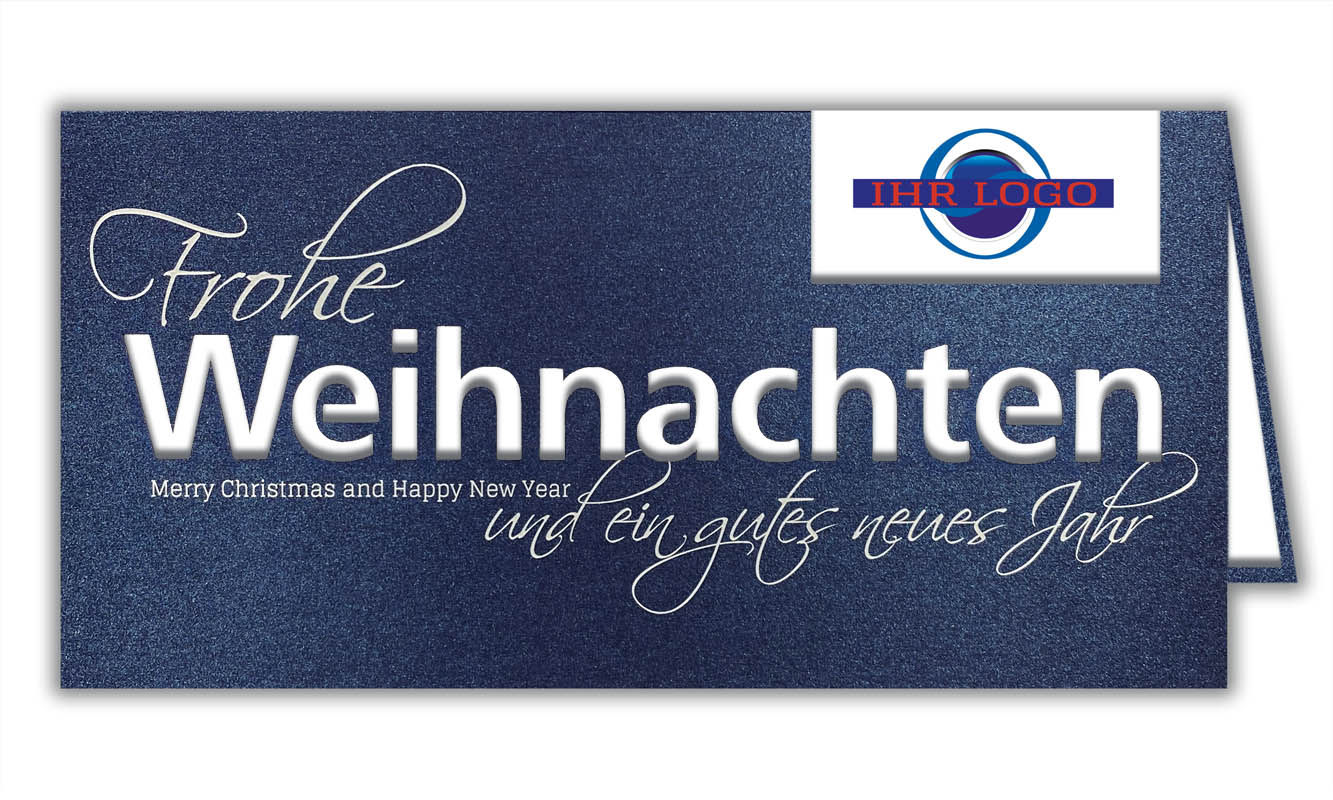 Dunkelblaue Weihnachtskarte mit Firmen-Logo Stanzung, weißem Schriftzug und weißem Einlegeblatt