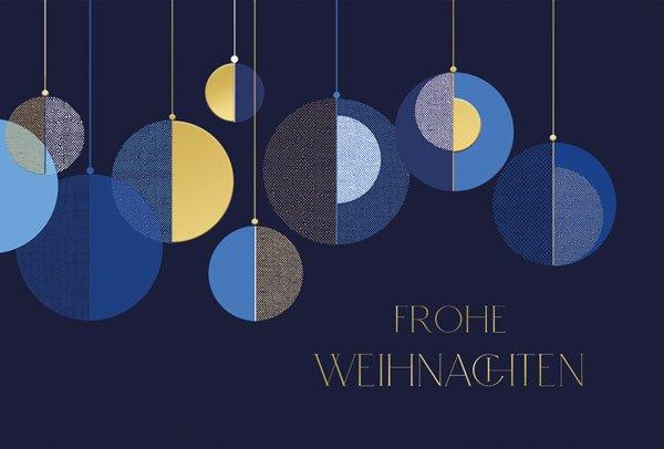 Moderne Weihnachtskarte mit samtiger Haptik, Weihnachtsgruß und hängenden Kugeln