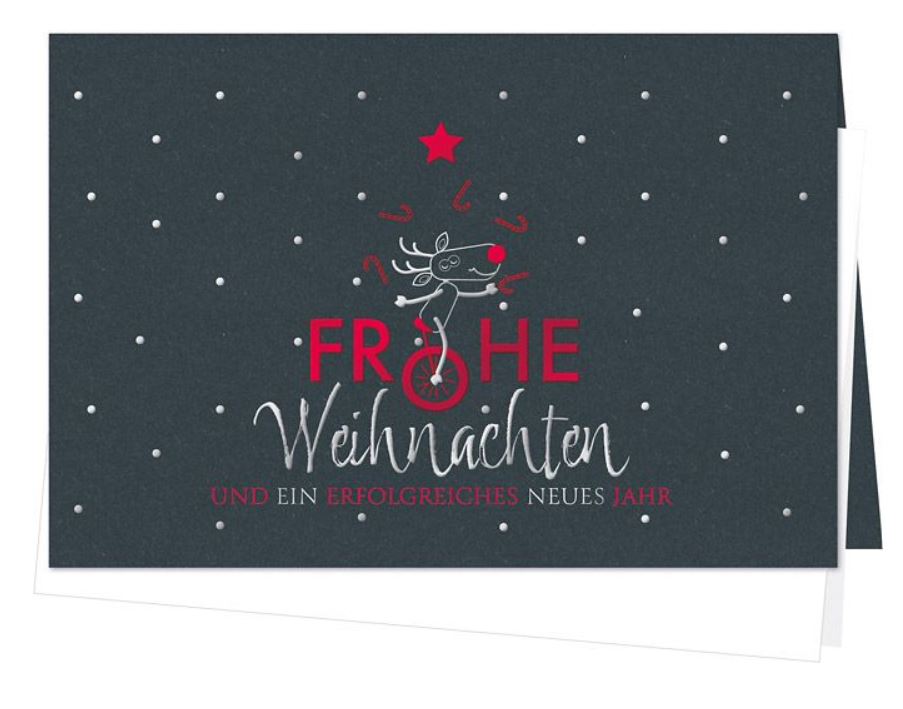 Fröhliche Firmen-Weihnachtskarte in schwarz mit Rentier auf Einrad und Foliendruck silber und rot